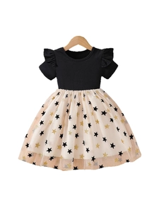 Girls' short sleeve dress with black ribbed top and beige star sequin tulle skirt
