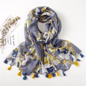Artistic abstract floral scarf with tassels in grey blue and yellow cotton linen fabric