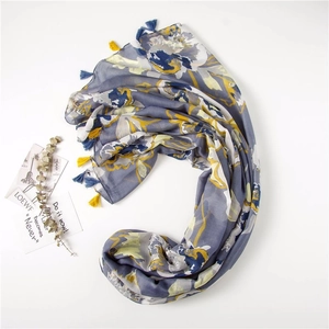 Gray and blue abstract floral cotton linen scarf with tassels and artistic flower print