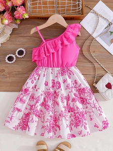 Girls One Shoulder Ruffle Dress Floral Print Rose Red Summer Sleeveless Princess Layered Cotton Blend
