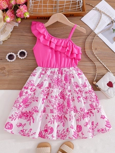 Pink one-shoulder floral sundress for girls with layered ruffles and tiered skirt design