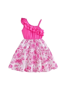 Girl's one-shoulder ruffle dress with fuchsia top and floral tiered skirt for summer