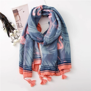 Écharpe Artistique en Coton pour Femmes Imprimé Flamant Rose Bleu Brume Rose Corail Châle Léger Avec Glands pour Printemps Été Voyage