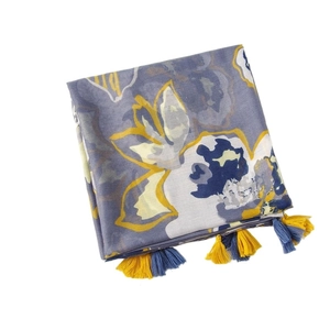 Grey and blue abstract floral cotton linen scarf with two-tone tassel pendants on white background