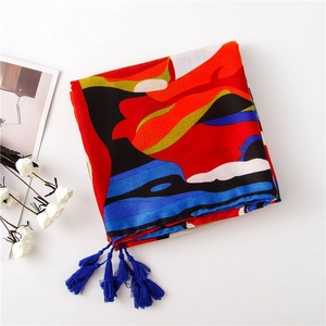Artistic oil painting style linen scarf with vibrant abstract prints and blue tassels