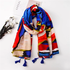 Colorful oil painting style cotton linen shawl with abstract geometric patterns and blue tassels