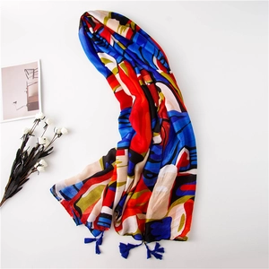 Artistic oil painting style cotton linen scarf with vibrant abstract print and blue tassels