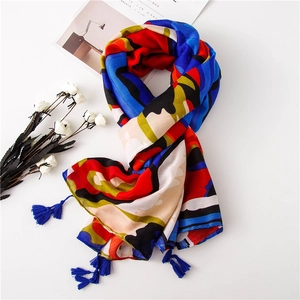 Abstract Oil Painting Print Shawl Scarf Women Cotton Linen Lightweight Sun Protection Bohemian Tassel Wrap Elegant