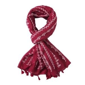 Floral cotton linen scarf in wine red with geometric prints and tassels for sun protection