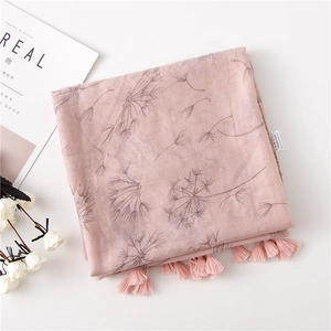 Pink cotton linen scarf with lilac dandelion floral print and elegant fringe edges
