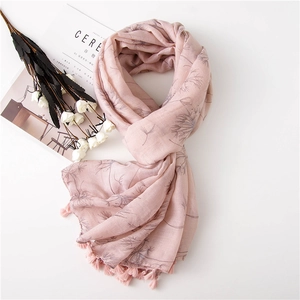 Women Scarf Voile Cotton Linen Feel Floral Dandelion Print Long Thin Shawl Tassel Fringe Lightweight Korean Style Wrap