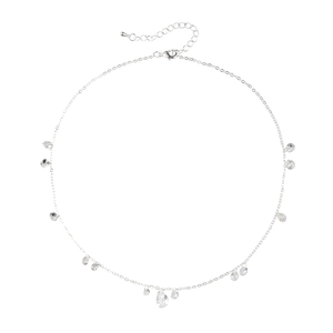 Elegant silver teardrop zircon necklace with crystal droplets on a delicate choker chain