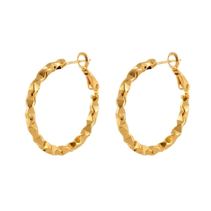 Elegant gold hoop earrings with faceted geometric texture and secure leverback closure