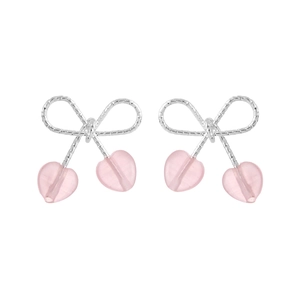 Elegant bow stud earrings with pink translucent heart pendants in cherry-style design