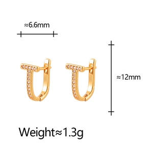 Elegant gold T-shaped earrings with cubic zirconia pavé, 12mm height and 6.6mm width