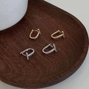 Luxury T-Shape Hoop Earrings Copper With Micro Pave Zirconia And Silver Earring Post Minimalist Jewelry Women