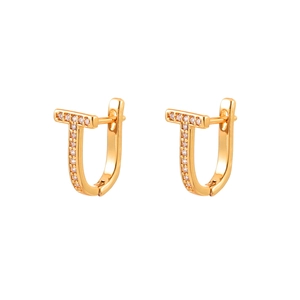 Elegant T-shaped huggie earrings with sparkling pavé cubic zirconia in gold finish