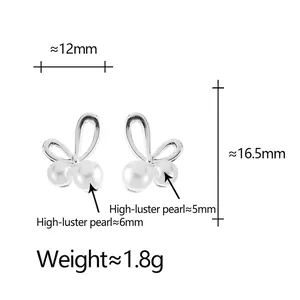 Elegant silver bow pearl stud earrings measuring 16.5mm with high luster pearls