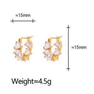 Gold heart-shaped zircon hoop earrings 15mm with sparkling minimalist design