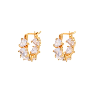 Gold hoop earrings featuring prong-set triangular zircon crystals on a white background