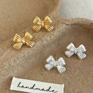 Elegant Bowknot Stud Earrings Copper Textured Metal Design With Marquise Zircon Inlaid Vintage Style Jewelry For Women Daily Wear
