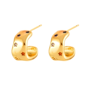 C-shaped gold hoop earrings featuring multi-color star-shaped zircon stones