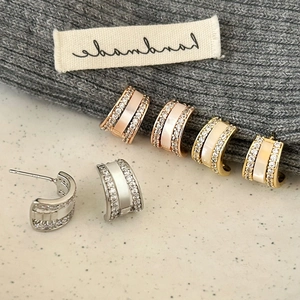 Boucles D'oreilles En Cuivre En Forme De C Avec Incrustation De Nacre Et Bords En Zircone Pour Femme Bijoux De Mode