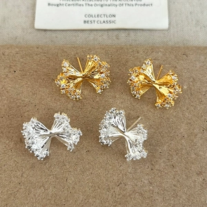 Bowknot Stud Earrings With Zircon Pleated Texture Copper Jewelry 925 Sterling Silver Earring Post Luxury Style
