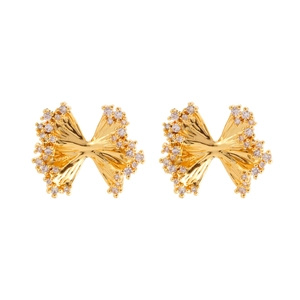 Irregular bow-knot gold earrings with pleated texture and sparkling zircon inlay