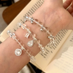 Transparent Crystal Beaded Bracelet With Alloy Charm Elegant Zircon Pendant Jewelry For Women