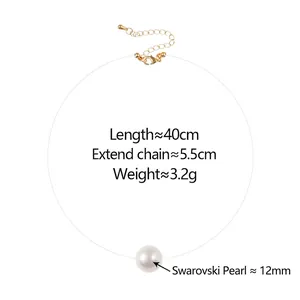 Elegant minimalist invisible line necklace with 12mm white pearl and gold clasp extender