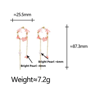 Detailed dimension guide for pink stone and pearl tassel earrings with size annotations