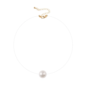 Elegant invisible fishing line necklace with floating 10mm white pearl pendant and gold clasp