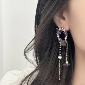 Elegant pearl and purple stone tassel earrings with gold chain details for women