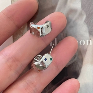 Star Pattern C Shaped Hoop Stud Earrings With Colorful Zircon Inlaid Copper Metal Gold Silver Plated Elegant For Women