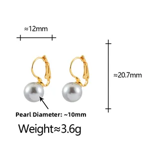 Detailed size specifications of gold pearl earrings with 10mm grey pearls on white background