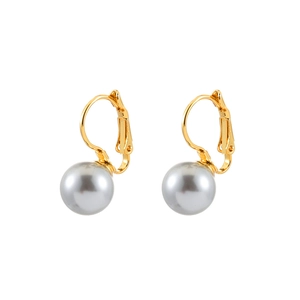 Elegant gold leverback earrings with dark grey pearls on white background