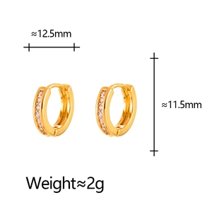 Detail view of gold zircon hoop earrings with 12.5mm diameter and 2g lightweight specs