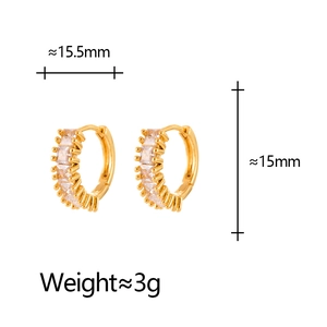 Detailed dimensions of 18K gold-plated huggie earrings with cubic zirconia stones