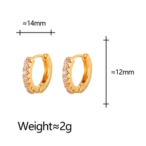 Detail view of 14mm gold huggie earrings with cubic zirconia and size measurements