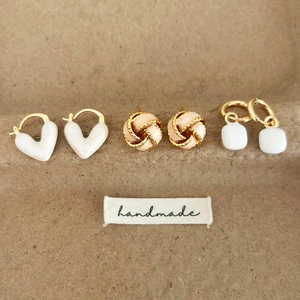 French Vintage Copper Earrings With White Enamel Heart Square Round Geometry Gold Plated Minimalist Elegant Jewelry Women