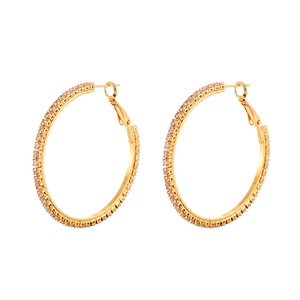 Elegant gold-plated hoop earrings with crystal pavé zircon stones on white background
