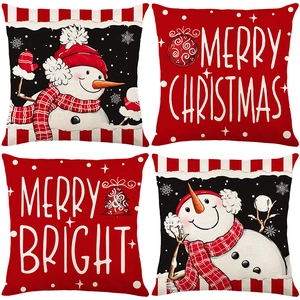 Set of 4 Christmas throw pillow covers with snowman and Merry Christmas lettering