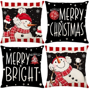 Set of 4 Christmas throw pillow covers with snowman and Merry Christmas linen texture