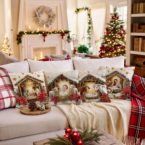Weihnachten Krippe Kissenbezug Religiöse Geburt Jesu Feiertag Dekoration Leinenoptik Polyester Kissenhülle Für Sofa