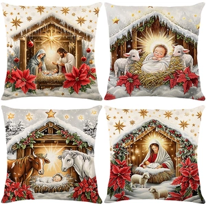 Vierer-Set Weihnachts-Kissenbezüge mit Krippenmotiv aus strukturiertem Leinenimitat