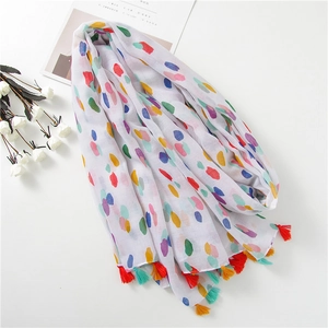 Artistic colorful polka dot linen cotton long scarf with tassels on white background