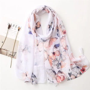 White butterfly print scarf with silver stripes and tassels for beach resort style