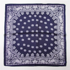 Navy blue paisley square silk scarf with classic floral patterns and white border detail