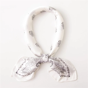 Detailed view of white paisley silk scarf with black floral patterns and dotted borders